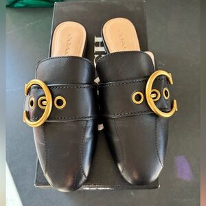 Coach Black Leather Slip-On Mules with Gold Buckle Sullivan
